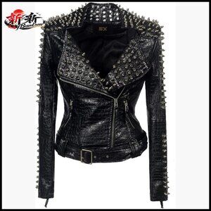 Women's Punk Faux Leather PU Jacket with Studded Rivets Streetwear Motorcycle